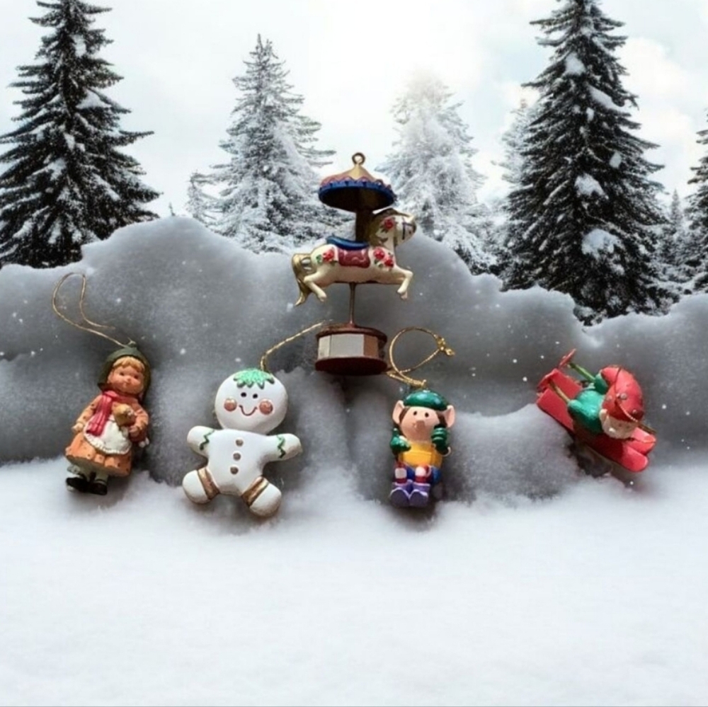 Christmas ornaments five piece assorted set girl snowman elf merry go round